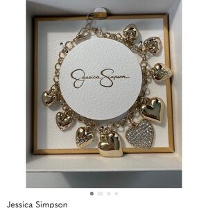 Jessica‎ Simpson Gold Tone Heart Charm Bracelet Sparkle Rhinestone